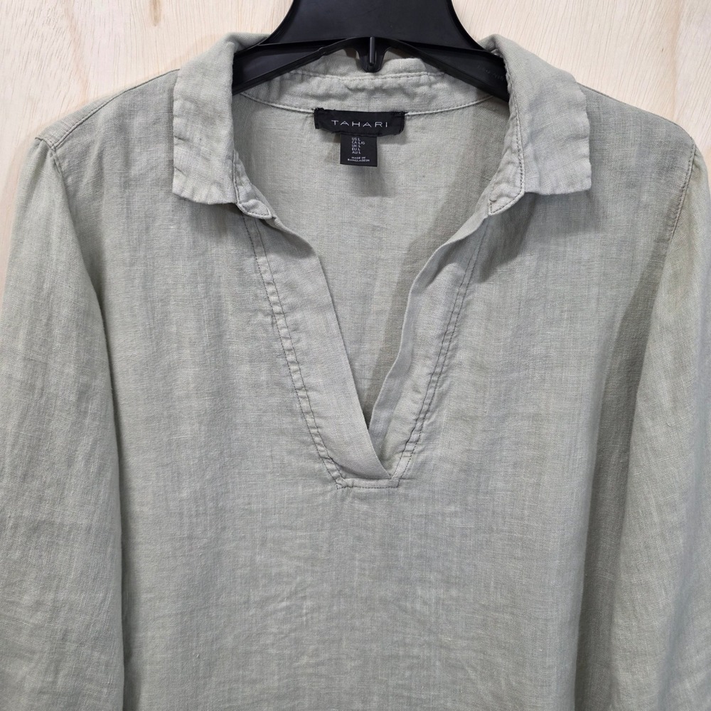 Tahari Linen Tunic Top Sage Green 3/4 Sleeve V-Neck Blouse Large - Picture 11 of 13